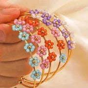 2 Pieces IG Style Flower 304 Stainless Steel 18K Gold Plated Zircon Bangle In Bulk