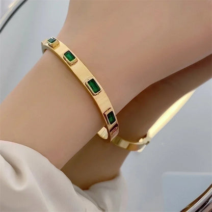 Casual Minimalist Round Square Stripe Stainless Steel Plating Inlay Zircon 18k Gold Plated Bangle
