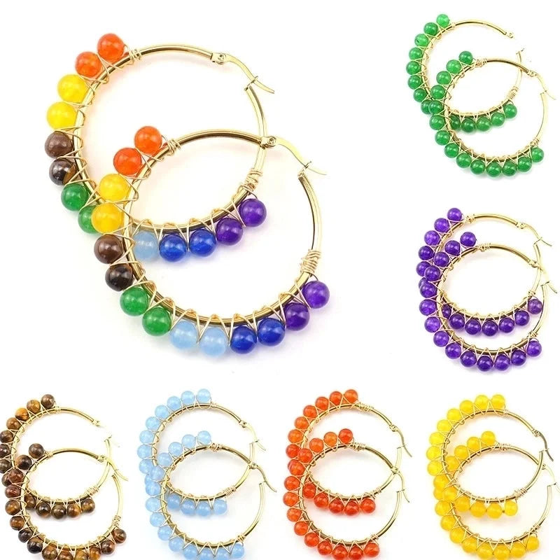 1 Pair Retro Minimalist Round Beaded Plating Natural Stone Copper Hoop Earrings