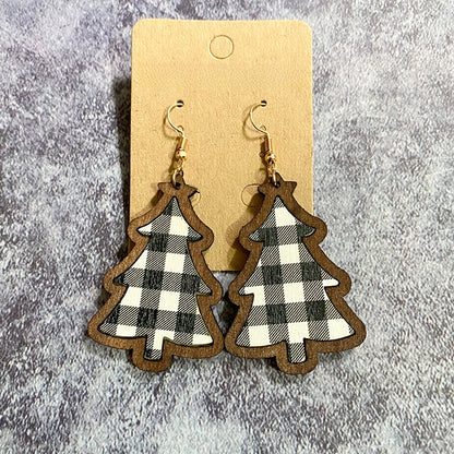1 Pair Retro Christmas Tree Plaid Wood Drop Earrings