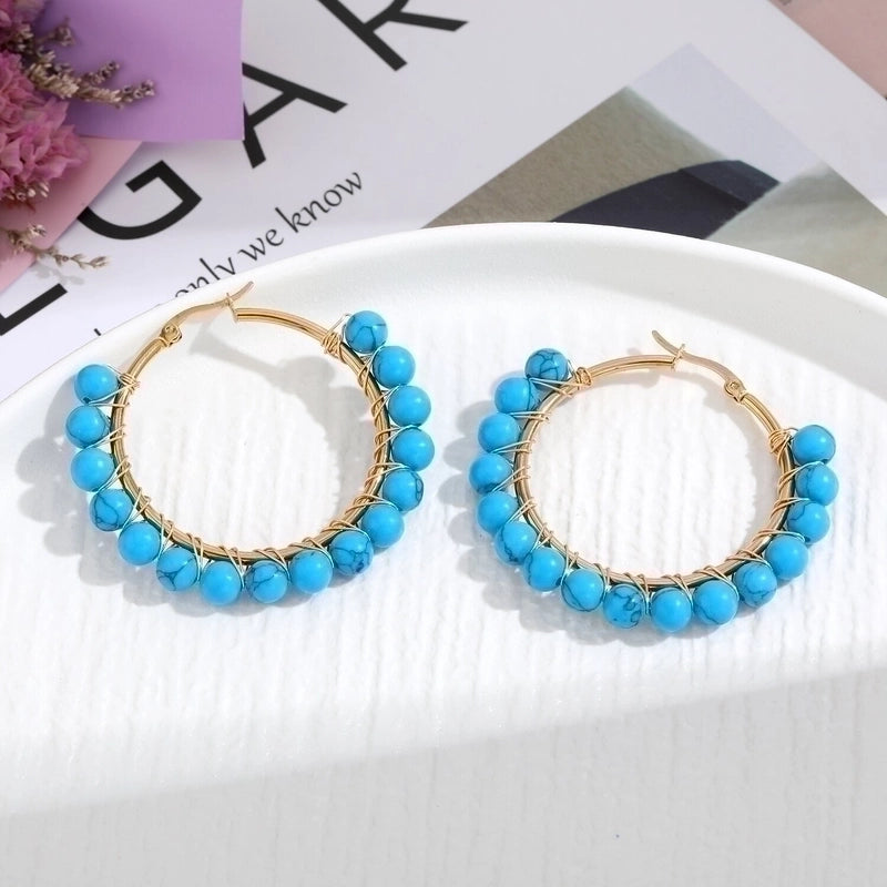 2 Pieces Retro Geometric Handmade Stainless Steel Natural Stone Earrings