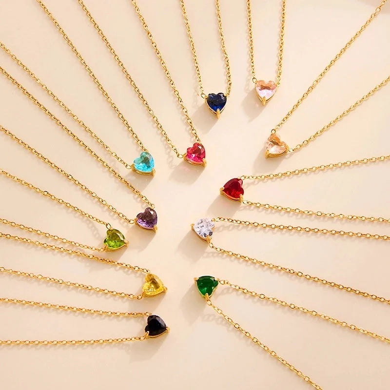 Sweet Minimalist Commute Heart Shape 304 Stainless Steel Rhinestones Birthstone 18K Gold Plated Inlay Necklace