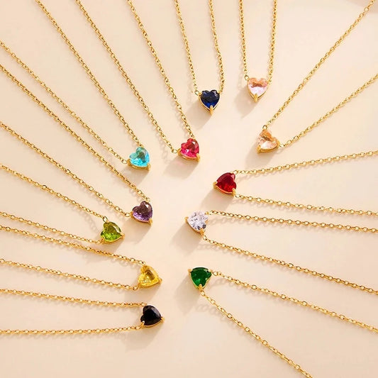 Sweet Minimalist Commute Heart Shape 304 Stainless Steel Rhinestones Birthstone 18K Gold Plated Inlay Necklace