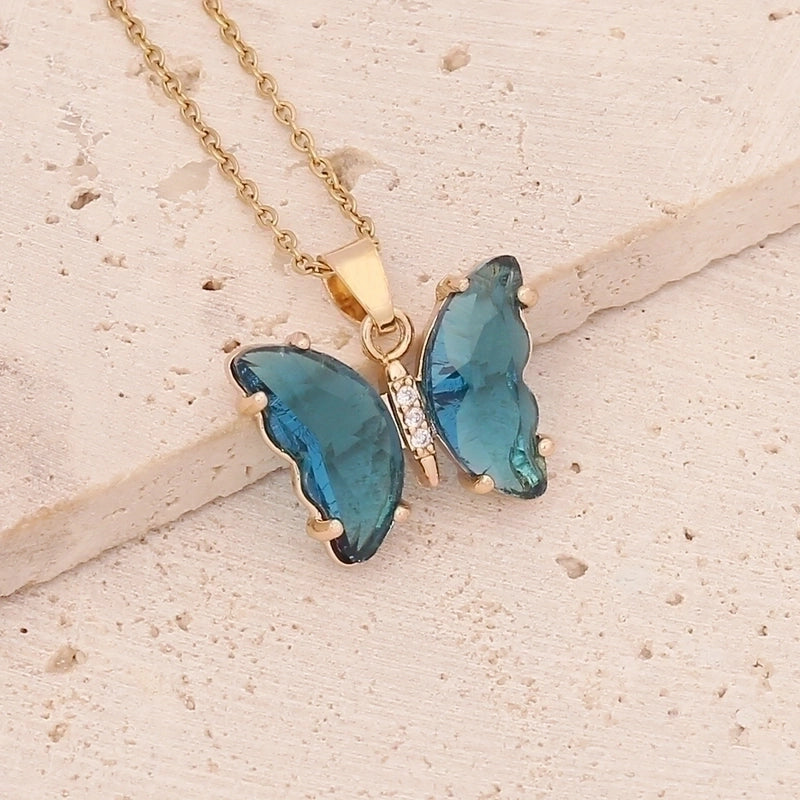Stainless Steel 18K Gold Plated Fairy Style Inlay Butterfly Crystal Necklace