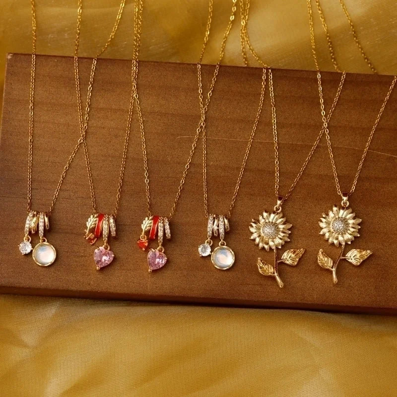 Sweet Commute Sunflower Heart Shape 304 Stainless Steel Zircon 16K Gold Plated 18K Gold Plated Stainless Steel Necklaces