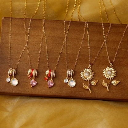 Sweet Commute Sunflower Heart Shape 304 Stainless Steel Zircon 16K Gold Plated 18K Gold Plated Stainless Steel Necklaces