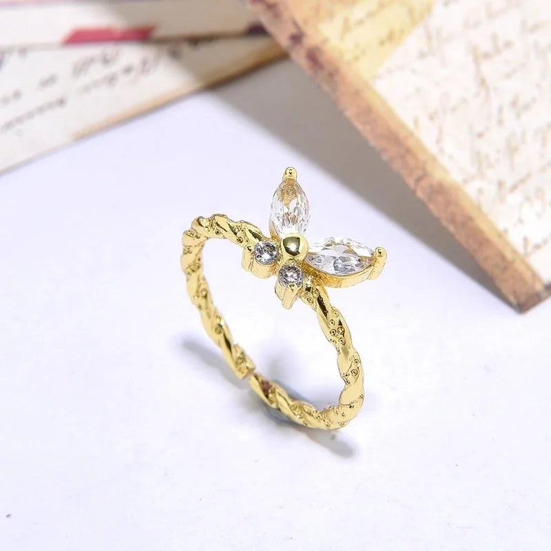 Copper 18K Gold Plated Inlay Butterfly Zircon Open Rings