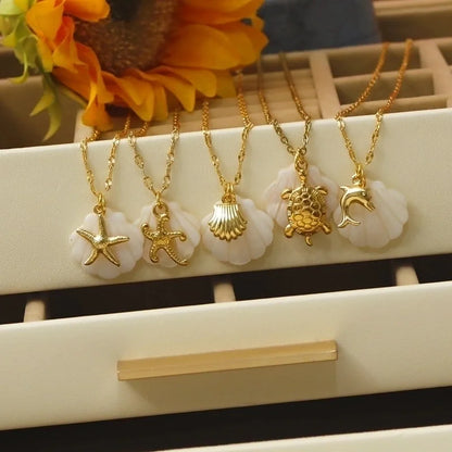 Vacation Marine Style Beach Starfish Dolphin Shell 304 Stainless Steel Shell 18K Gold Plated Pendant Necklace