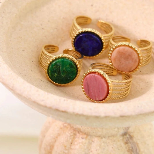 Retro French Style Geometric Titanium Steel Natural Stone Open Rings In Bulk