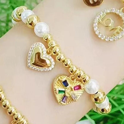 Casual Vacation Minimalist Heart Shape Key Lock Copper Zircon 18K Gold Plated Beaded Plating Inlay Bracelets