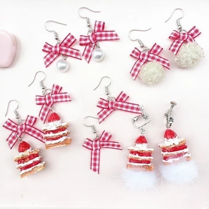 Retro Plaid Bow Cute Mink Plush Ball Strawberry Cake Ear Clip Christmas Earrings