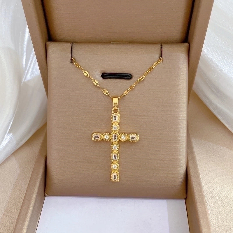 Minimalist Cross Titanium Steel Copper Zircon Pendant Necklace In Bulk