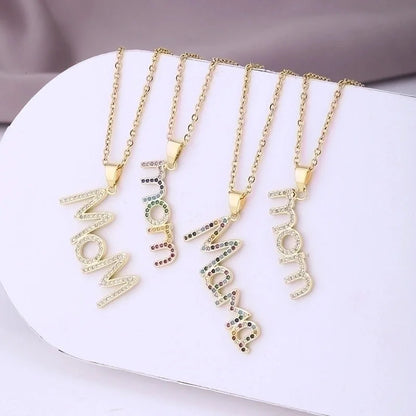 304 Stainless Steel Copper MAMA Minimalist Plating Inlay Letter Zircon Pendant Necklace