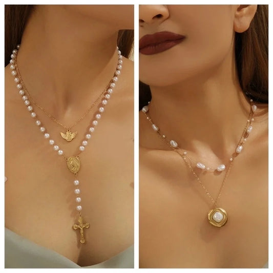 Retro Bohemian Minimalist Cross Angel Titanium Steel 18K Gold Plated Beaded Layered Necklaces