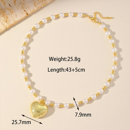 Sweet Classic Style Heart Shape Imitation Pearl Copper 18K Gold Plated Beaded Pendant Necklace
