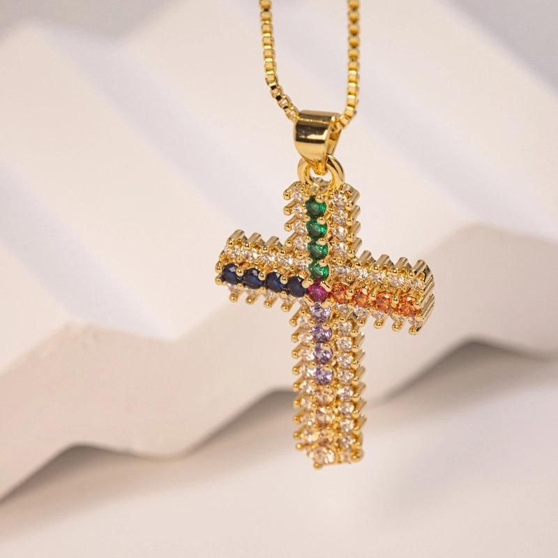 Copper 18K Gold Plated Inlaid Zircon Cross Zircon Pendant Necklace