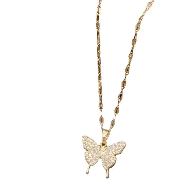 Sweet Butterfly Titanium Steel Rhinestones Pendant Necklace