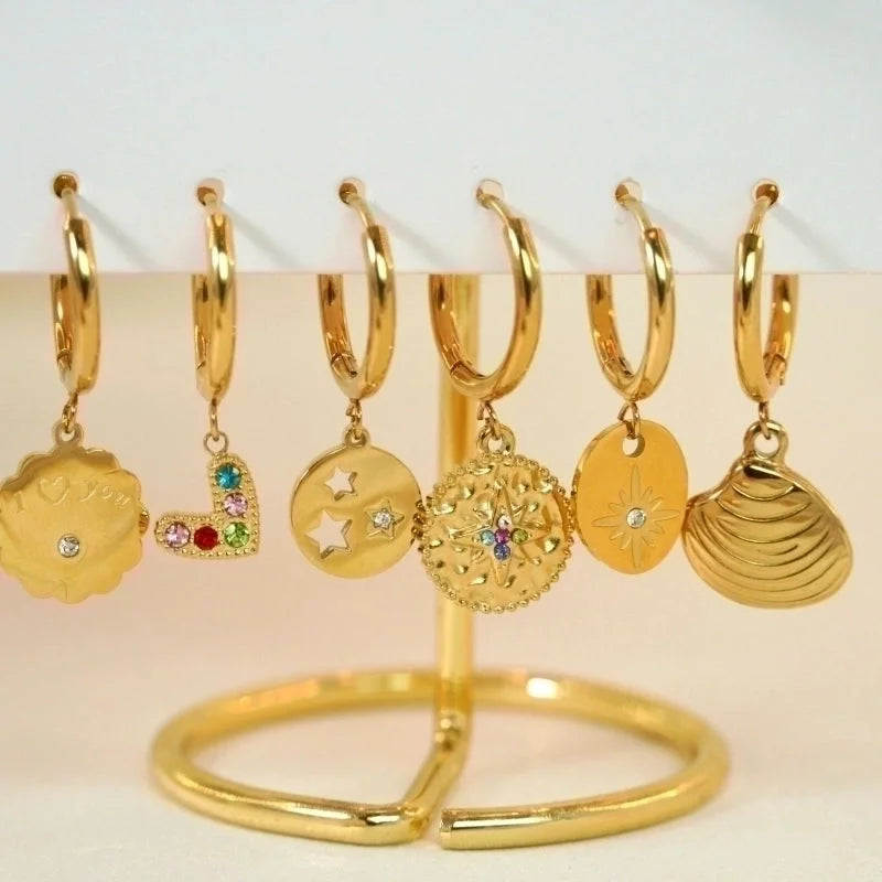 1 Piece Elegant Lady Modern Style Printing Star Pineapple Plating Inlay 304 Stainless Steel Rhinestones White Shell 14K Gold Plated Drop Earrings