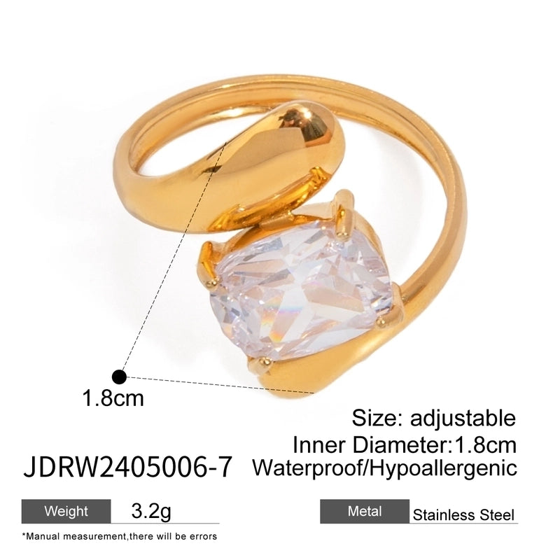 IG Style Geometric Square 304 Stainless Steel Zircon 18K Gold Plated Inlay Open Rings Rings