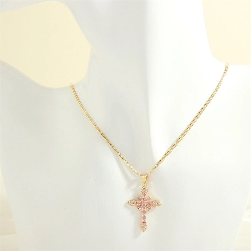 Minimalist Cross Copper 18k Gold Plated Zircon Pendant Necklace In Bulk