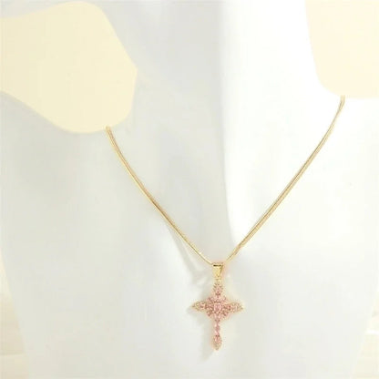 Minimalist Cross Copper 18k Gold Plated Zircon Pendant Necklace In Bulk