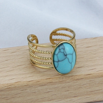 Minimalist Geometric 304 Stainless Steel Natural Stone 18K Gold Plated Hollow Out Open Ring