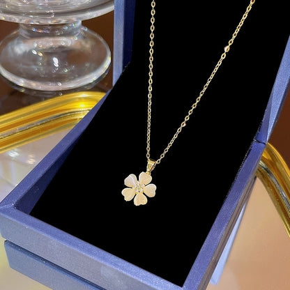 Elegant Classic Style Geometric Moon Bow Knot Titanium Steel Zircon Pendant Necklace