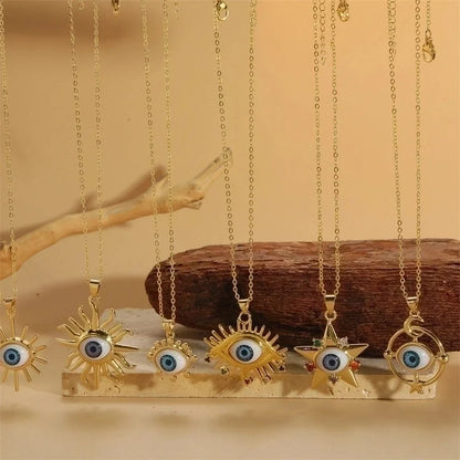 Vintage Style Minimalist Commute Sun Copper Plating Inlay Resin Zircon 14k Gold Plated Pendant Necklace