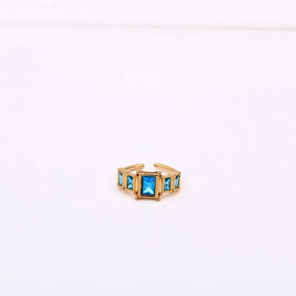 Classic Style Rectangle 304 Stainless Steel Zircon 18K Gold Plated Inlay Open Rings
