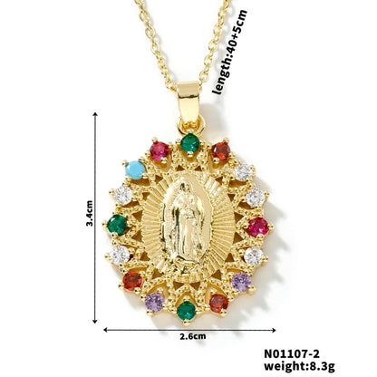 Vintage Style Classic Style Geometric Round Virgin Mary 304 Stainless Steel Copper Zircon K Gold Plated Inlay Pendant Necklace