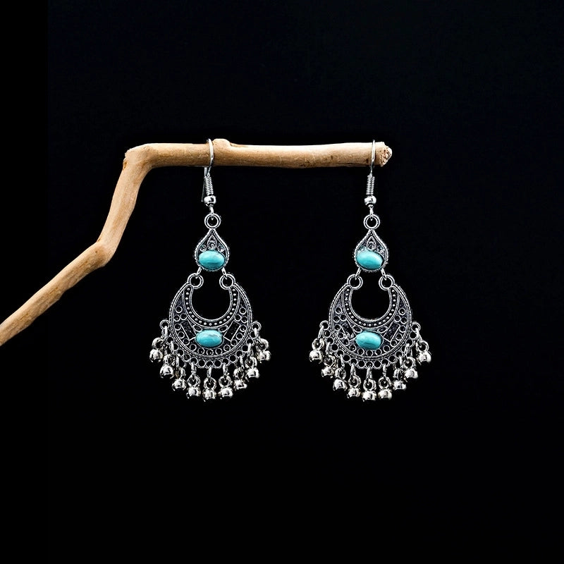 Bohemian Blue Turquoise National Style Earrings Imitation Miao Silver Metal Earrings Vintage Tassel Earrings