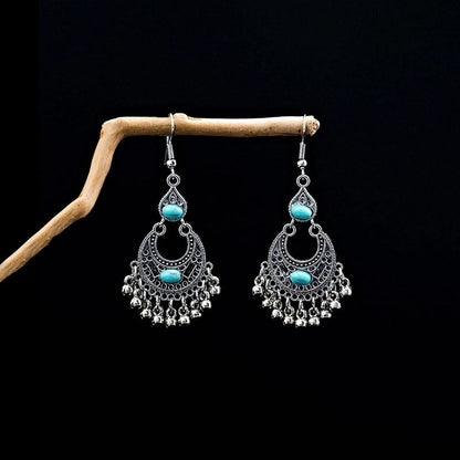Bohemian Blue Turquoise National Style Earrings Imitation Miao Silver Metal Earrings Vintage Tassel Earrings