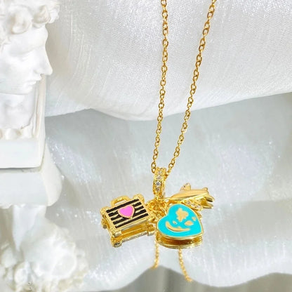 Copper Cable Chain Plating Four Leaf Clover Eiffel Tower Airplane Pendant Necklace