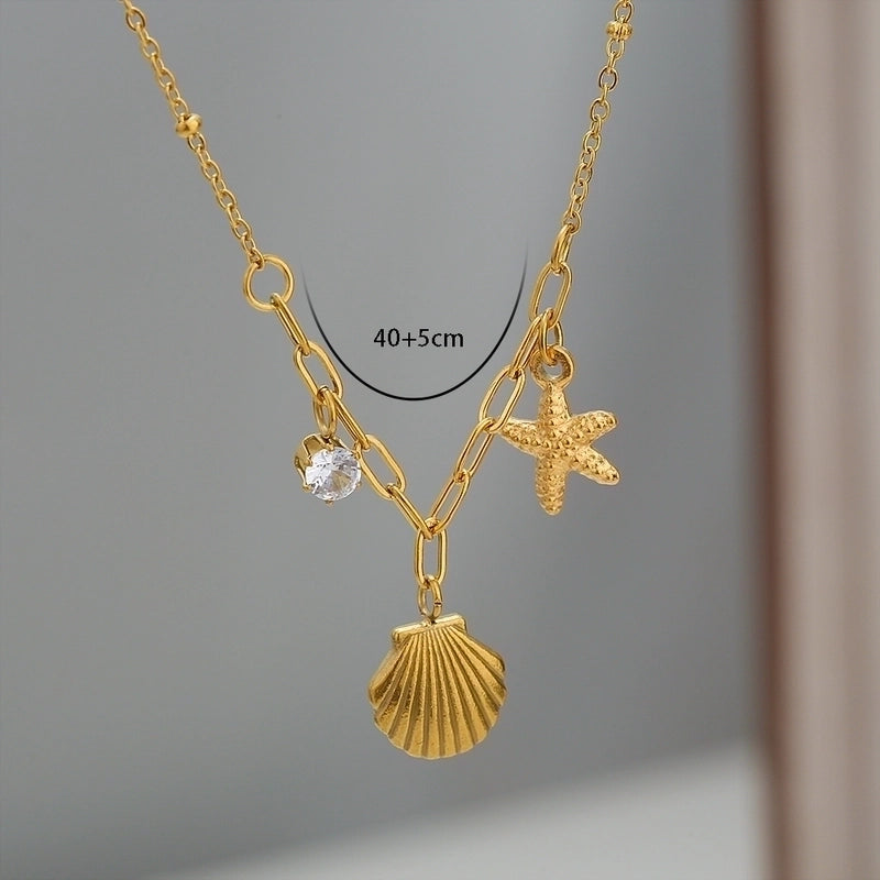 Hip-Hop Hawaiian Romantic Starfish Conch 304 Stainless Steel Pendant Necklace