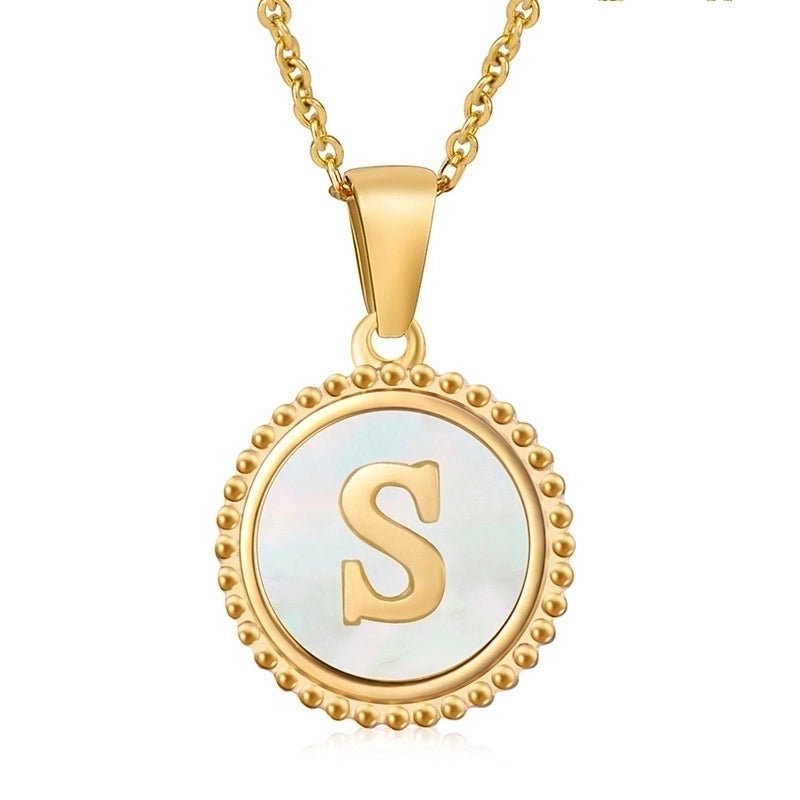 Minimalist Round Letter Stainless Steel Inlay Shell Pendant Necklace