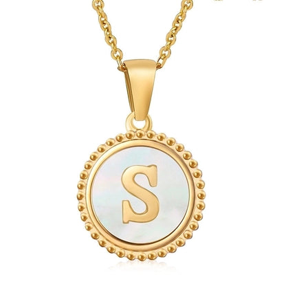 Minimalist Round Letter Stainless Steel Inlay Shell Pendant Necklace