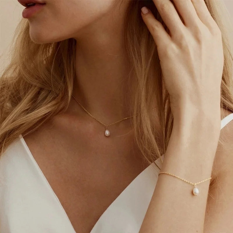 IG Style Geometric 304 Stainless Steel Freshwater Pearl 18K Gold Plated Bracelets Necklace