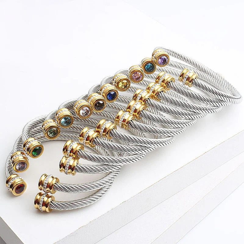 Circle Twisted Stainless Steel Diamond Inlay Bangles