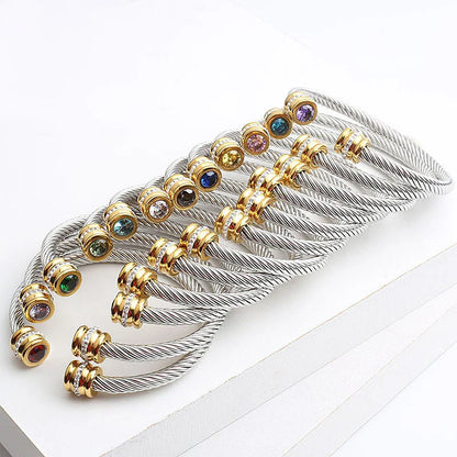 Circle Twisted Stainless Steel Diamond Inlay Bangles