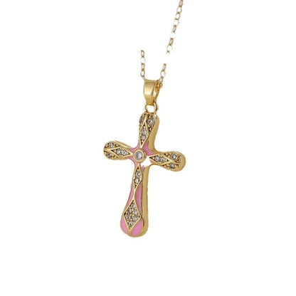 Copper Inlay Cross Rhinestones Pendant Necklace