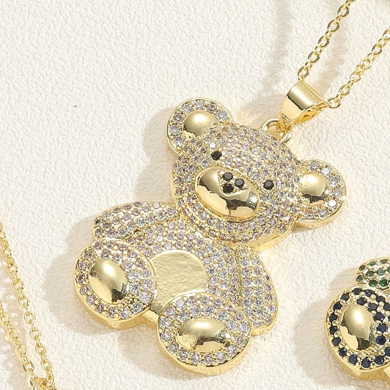Minimalist Little Bear Brass Plating Inlay Zircon 14k Gold Plated Pendant Necklace