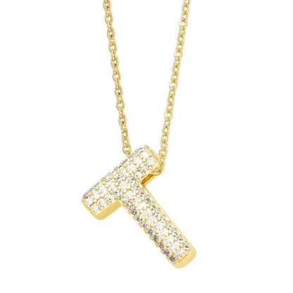 Copper Gold Plated Minimalist Letter Inlay Zircon Pendant Necklace