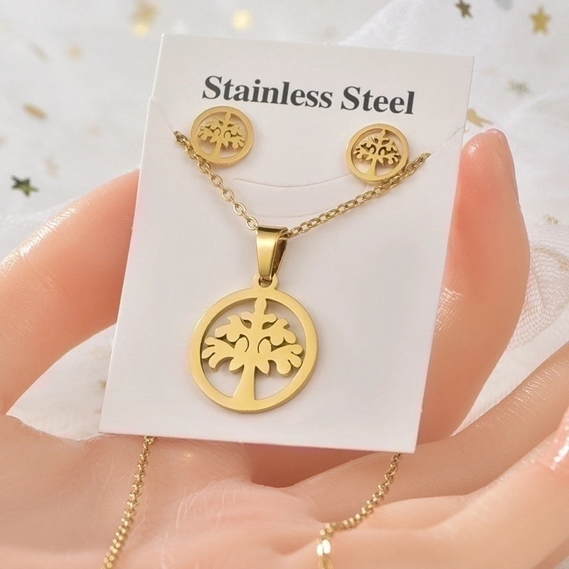 Fashion Star Tree Heart Shape Titanium Steel Hollow Out Women\'s Earrings Necklace 1 Set