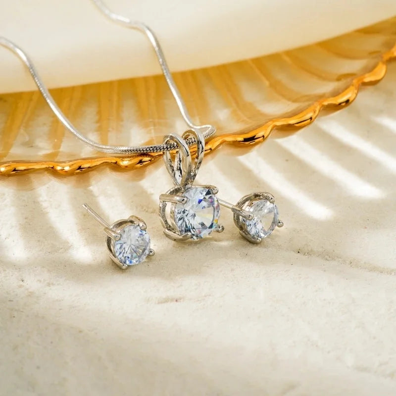 2 Pieces 304 Stainless Steel Copper Rhodium Plated Minimalist Classic Style Plating Inlay Round Zircon Earrings Necklace