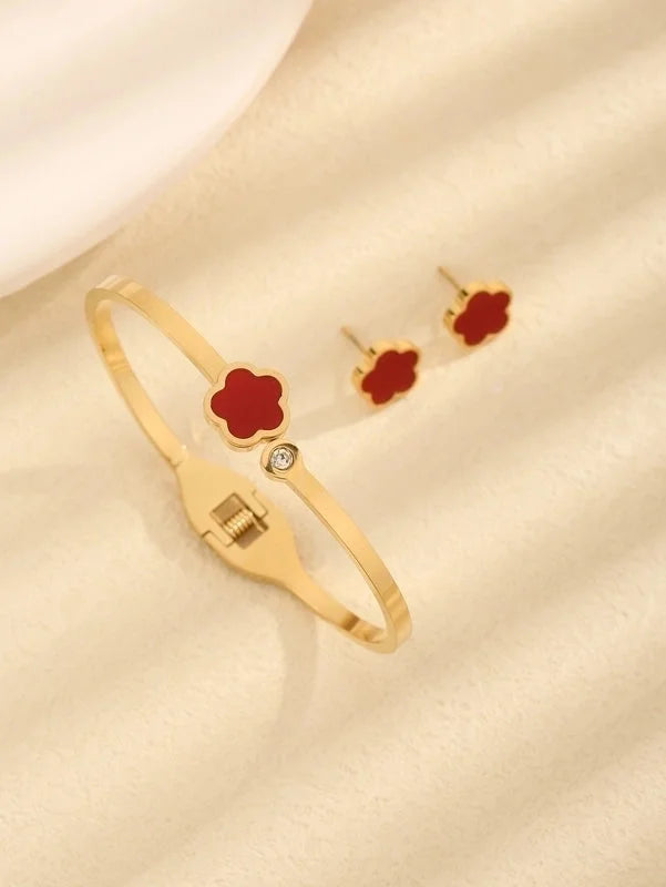 Vintage Style Minimalist Flower 304 Stainless Steel Acrylic Zircon 18K Gold Plated Inlay Jewelry Set