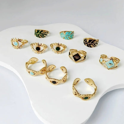 3 Pieces Casual Minimalist Leaves Eye 304 Stainless Steel 18K Gold Plated Enamel Hollow Out Open Rings