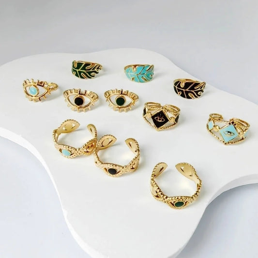 3 Pieces Casual Minimalist Leaves Eye 304 Stainless Steel 18K Gold Plated Enamel Hollow Out Open Rings