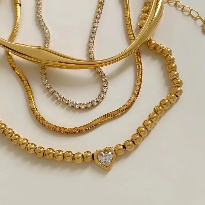 Modern Style Minimalist Heart Shape 304 Stainless Steel Zircon 16K Gold Plated White Gold Plated Gold Plated Plating Bracelets Necklace