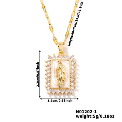 Vintage Style Religion Artistic Round Virgin Mary 304 Stainless Steel Copper Zircon K Gold Plated Inlay Pendant Necklace