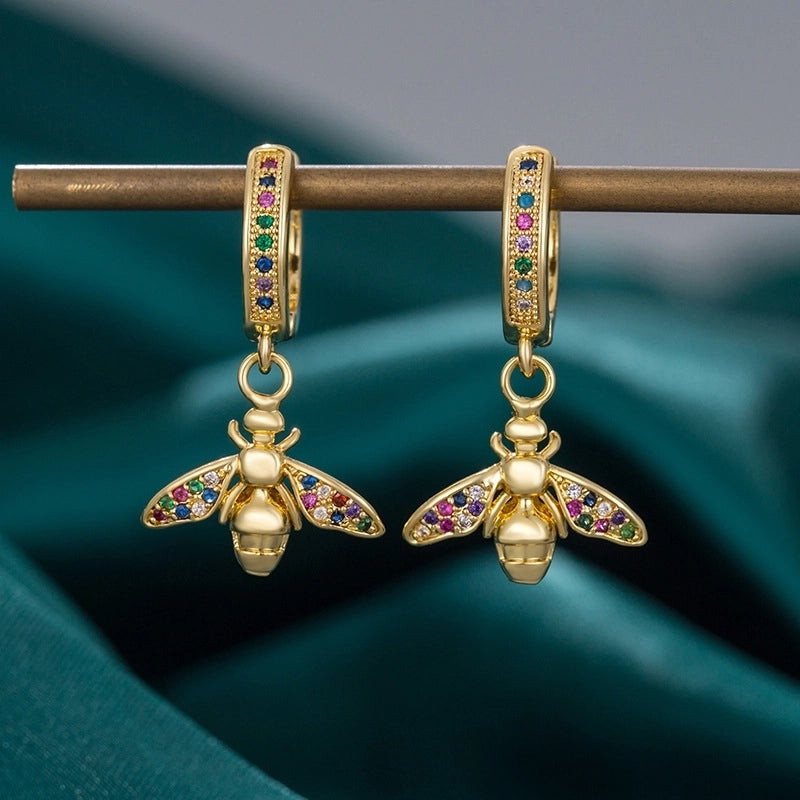 1 Pair Vintage Style Tortoise Moon Bee Plating Inlay Copper Rhinestones 18k Gold Plated Drop Earrings